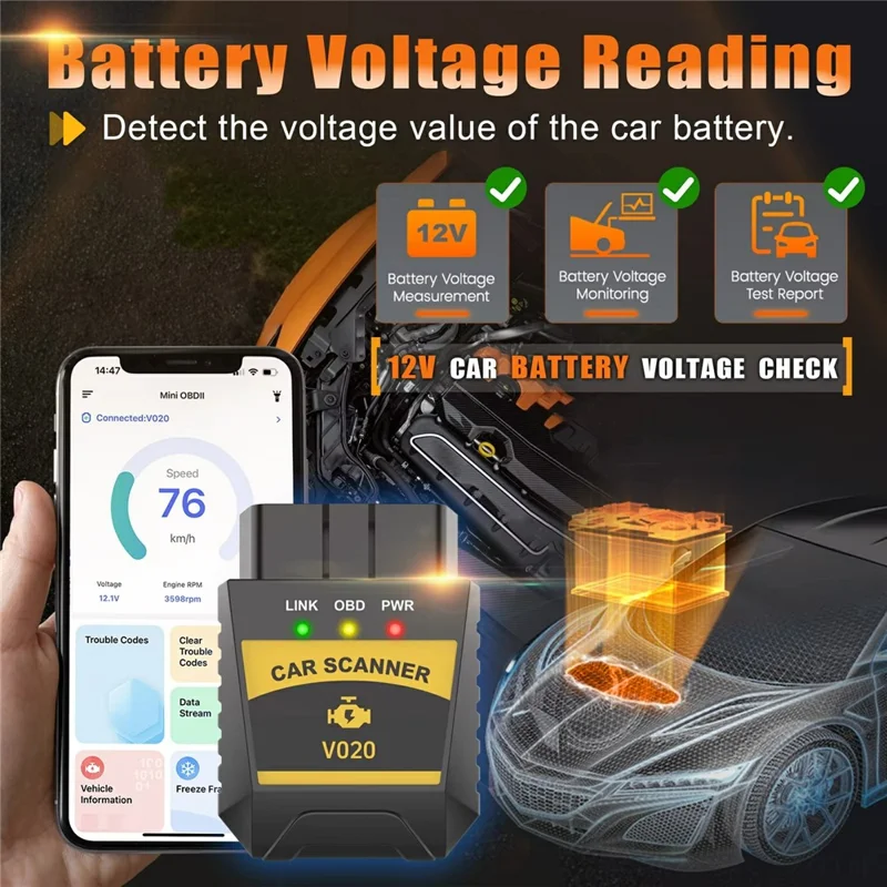 Escáner OBD2 V020 compatible con Bluetooth ELM327 Herramienta de diagnóstico para coche, Lector de códigos de error del motor y Comprobador de batería