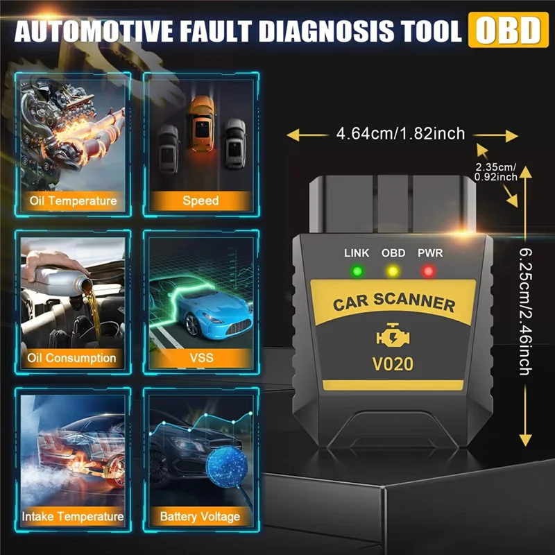 Escáner OBD2 V020 compatible con Bluetooth ELM327 Herramienta de diagnóstico para coche, Lector de códigos de error del motor y Comprobador de batería