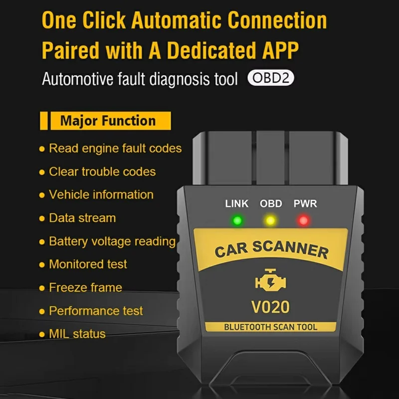 Escáner OBD2 V020 compatible con Bluetooth ELM327 Herramienta de diagnóstico para coche, Lector de códigos de error del motor y Comprobador de batería