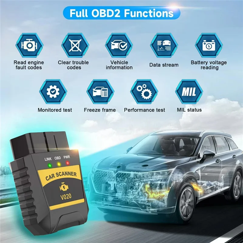 Escáner OBD2 V020 compatible con Bluetooth ELM327 Herramienta de diagnóstico para coche, Lector de códigos de error del motor y Comprobador de batería