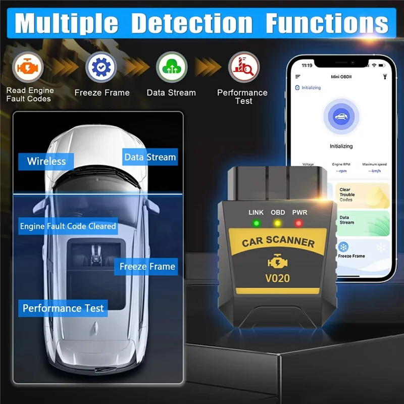 Escáner OBD2 V020 compatible con Bluetooth ELM327 Herramienta de diagnóstico para coche, Lector de códigos de error del motor y Comprobador de batería