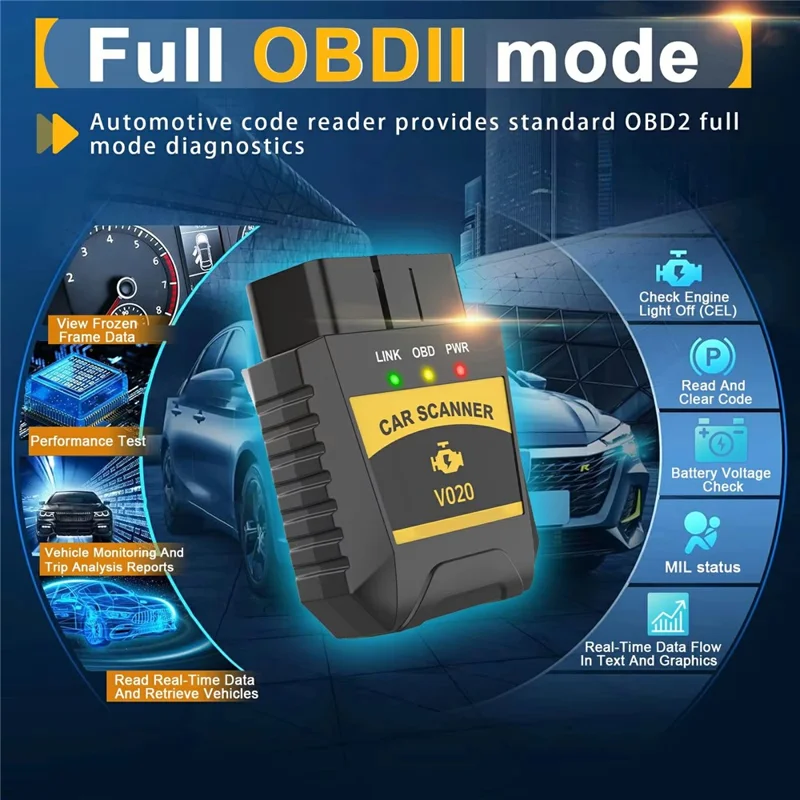 Escáner OBD2 V020 compatible con Bluetooth ELM327 Herramienta de diagnóstico para coche, Lector de códigos de error del motor y Comprobador de batería
