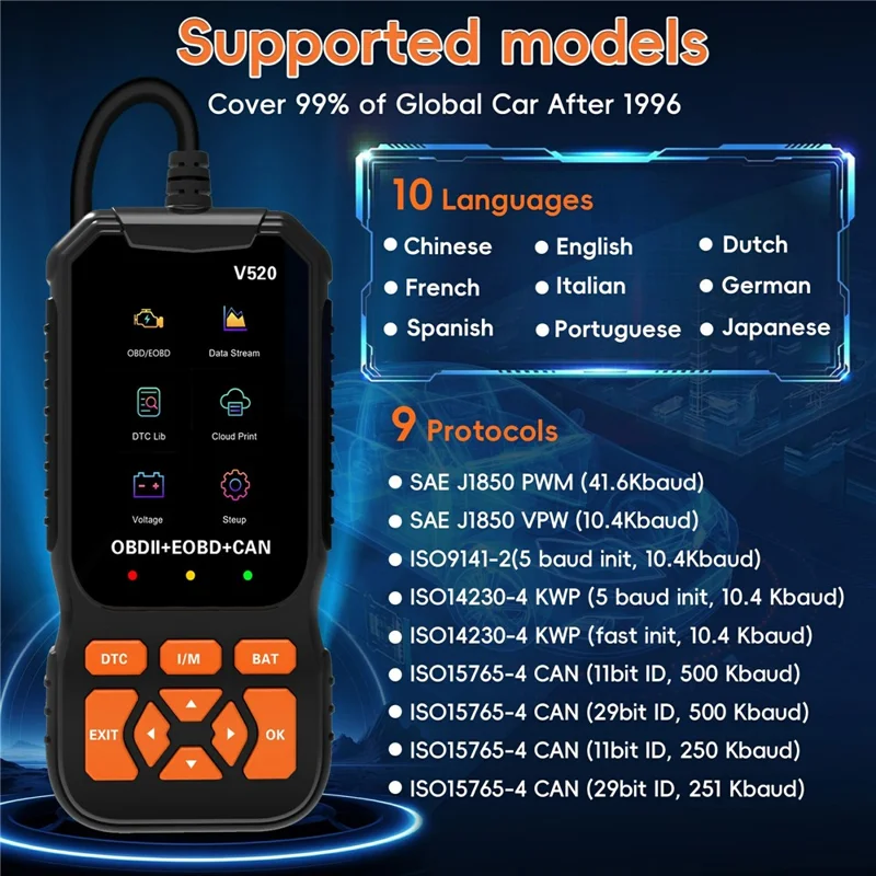 V520 2,8-Zoll TFT-Farbdisplay OBD2 Kfz-Diagnosegerät für Fahrzeuge ab 1996 Motordiagnose Fehlercode-Auslese