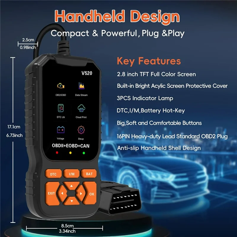 V520 2,8-Zoll TFT-Farbdisplay OBD2 Kfz-Diagnosegerät für Fahrzeuge ab 1996 Motordiagnose Fehlercode-Auslese