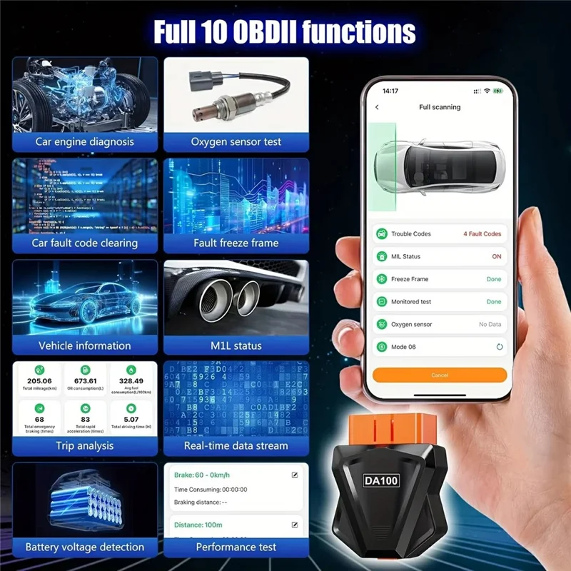 DA100 Bluetooth-kompatibler OBD-Autodiagnosescanner Automotive-Motorfehlercodelesegerät für Android und iOS