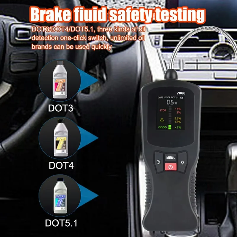 Testador de Fluido de Freio V066 para Diagnóstico Automotivo, Medição de Teor de Água, Compatível com DOT3, DOT4 e DOT5.1