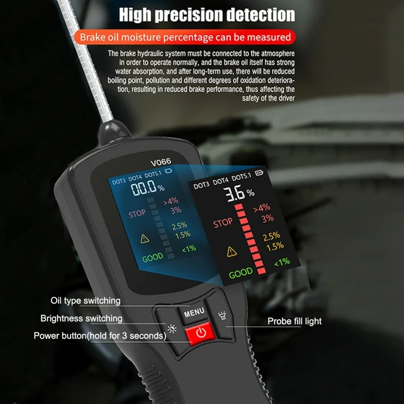 Testador de Fluido de Freio V066 para Diagnóstico Automotivo, Medição de Teor de Água, Compatível com DOT3, DOT4 e DOT5.1