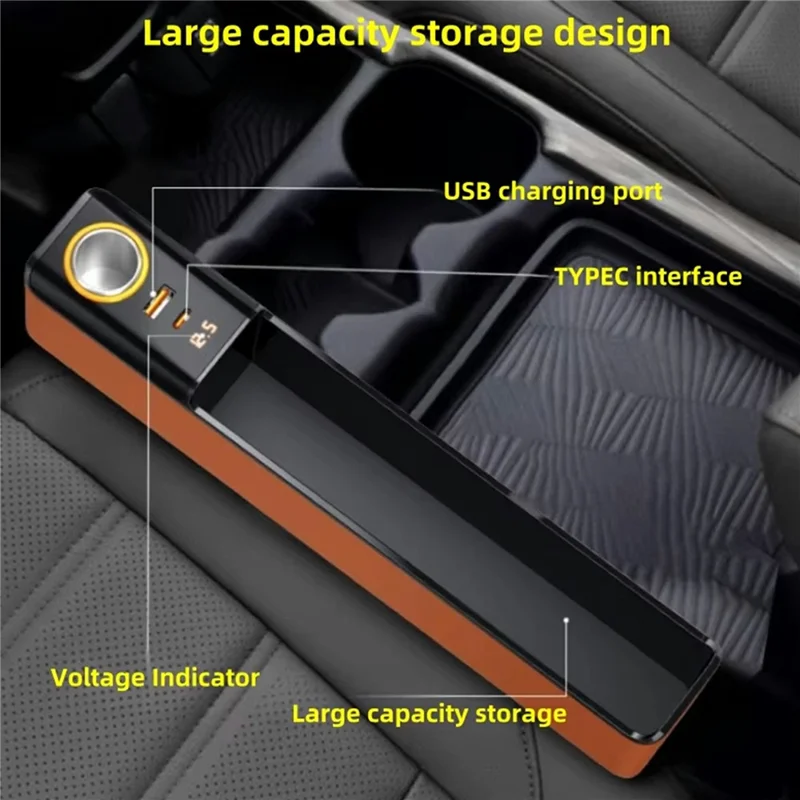 Organisateur de rangement pour espace entre siège et console avec ports de charge rapide USB-A + USB-C - Boîte de rangement multifonction - Noir