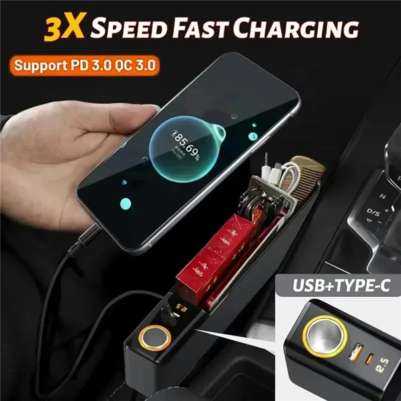 Car Seat Gap Filler Organizer with USB-A + USB-C Fast Charging Ports Multifunctional Storage Box - Red