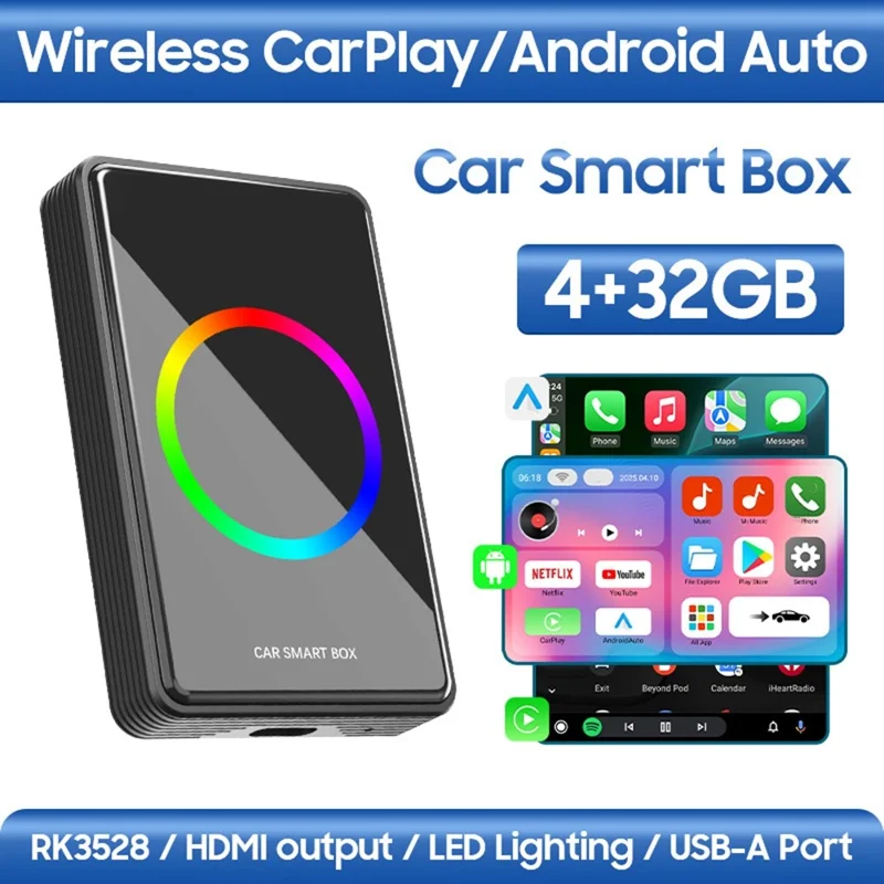 Adaptateur CarPlay sans fil S3 4+32Go Android Auto Android 12 Sortie HD Puce RK Boîtier intelligent pour voiture avec fonction de mise en miroir