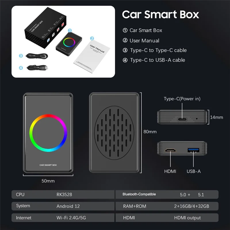 Adaptateur CarPlay sans fil S3 4+32Go Android Auto Android 12 Sortie HD Puce RK Boîtier intelligent pour voiture avec fonction de mise en miroir