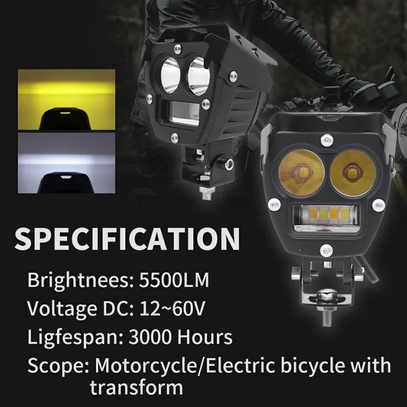 3800lm High Power Motorcycle Auxiliary Spotlight IP67 Waterproof Dual Color High Low Beam Headlight