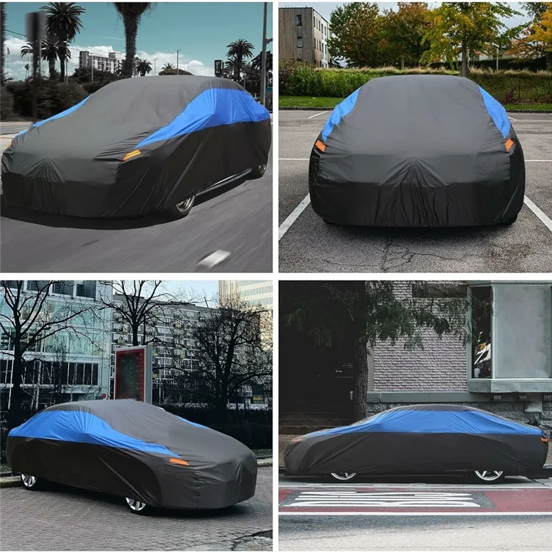 Copertura impermeabile per auto da esterno per Sedan SUV Hatchback Protezione UV con strisce riflettenti, Nero+Blu - 3L (4.4-4.6m)