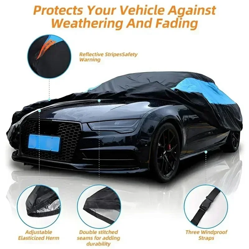 Copertura impermeabile per auto da esterno per Sedan SUV Hatchback Protezione UV con strisce riflettenti, Nero+Blu - 3L (4.4-4.6m)