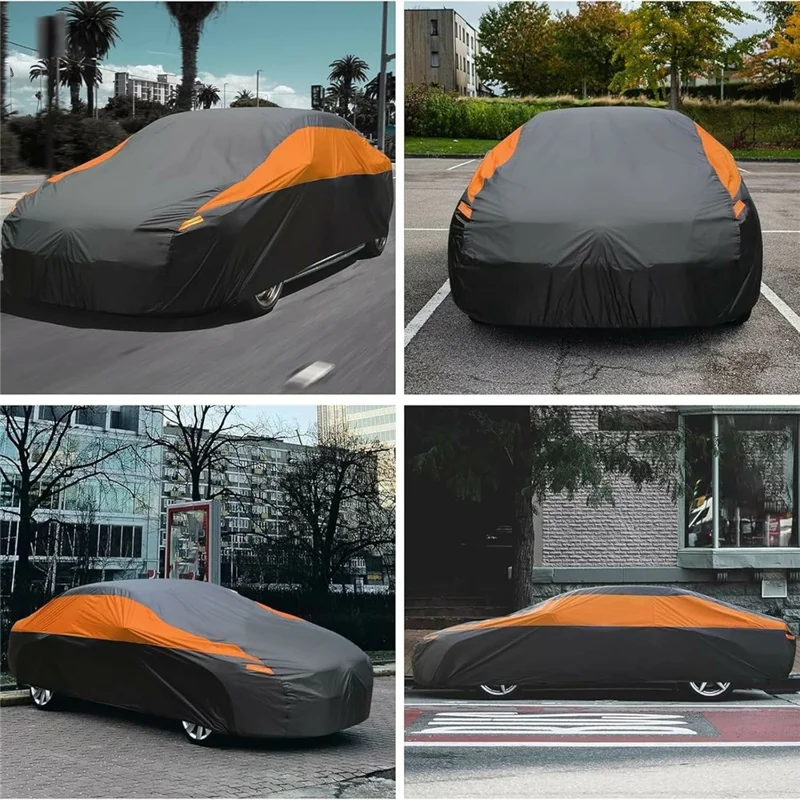 Wasserdichte Outdoor-Autoabdeckung für Limousine SUV Hatchback UV-Schutzabdeckung mit reflektierenden Streifen, Schwarz+Orange - 3L (4,4-4,6m)