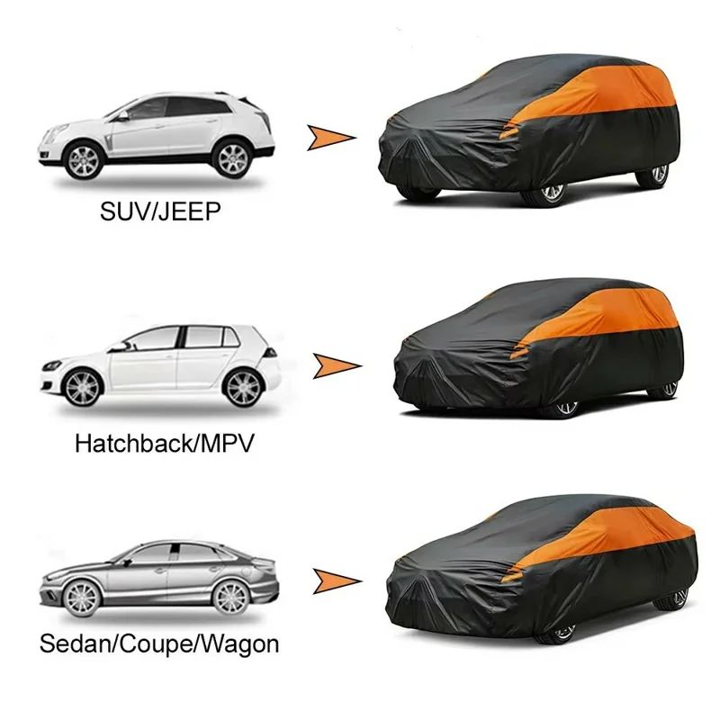 Wasserdichte Outdoor-Autoabdeckung für Limousine SUV Hatchback UV-Schutzabdeckung mit reflektierenden Streifen, Schwarz+Orange - 3L (4,4-4,6m)