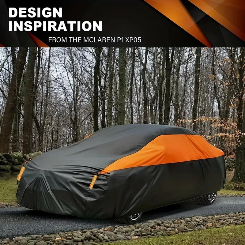 Wasserdichte Outdoor-Autoabdeckung für Limousine SUV Hatchback UV-Schutzabdeckung mit reflektierenden Streifen, Schwarz+Orange - 3L (4,4-4,6m)