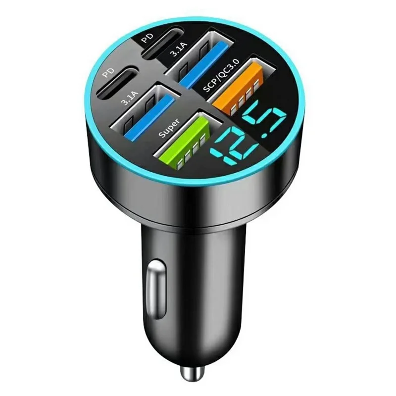 Carregador Automotivo de Alta Potência 100W com 6 Portas PD QC3.0 e Display de Voltagem