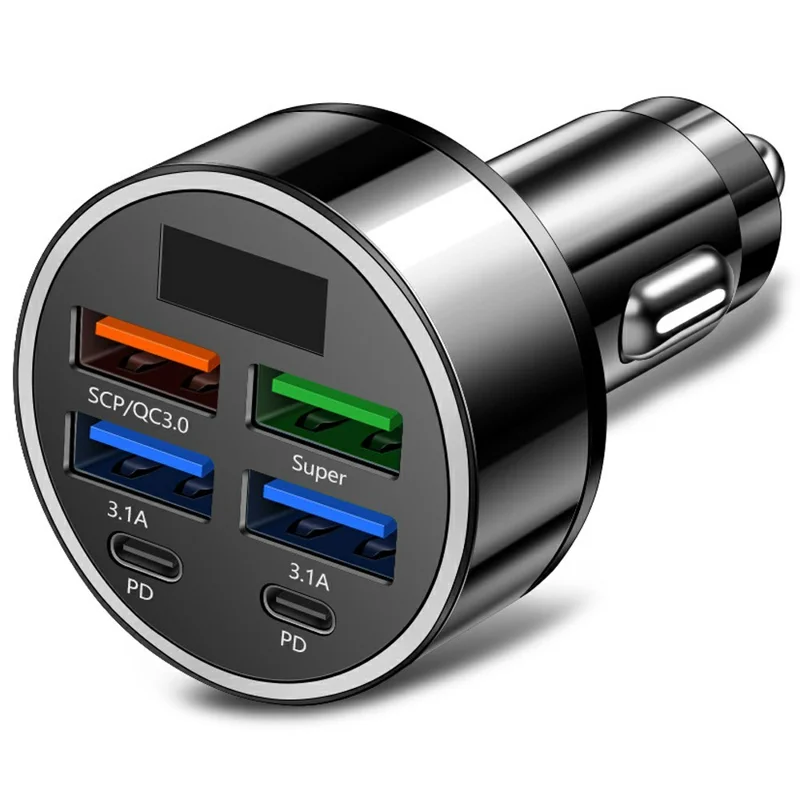 Carregador Automotivo de Alta Potência 100W com 6 Portas PD QC3.0 e Display de Voltagem