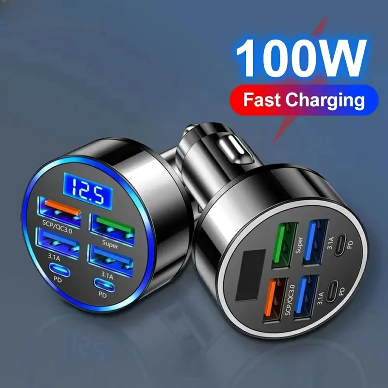 Carregador Automotivo de Alta Potência 100W com 6 Portas PD QC3.0 e Display de Voltagem