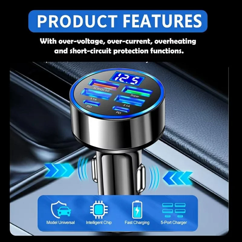 Carregador Automotivo de Alta Potência 100W com 6 Portas PD QC3.0 e Display de Voltagem