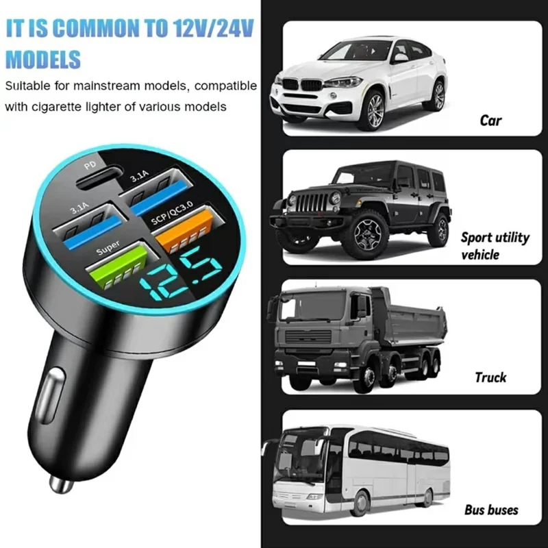 Carregador Automotivo de Alta Potência 100W com 6 Portas PD QC3.0 e Display de Voltagem