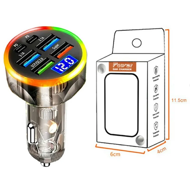 Chargeur de voiture portable à 6 ports de 150 W avec affichage de tension, adaptateur de charge rapide PD QC3.0