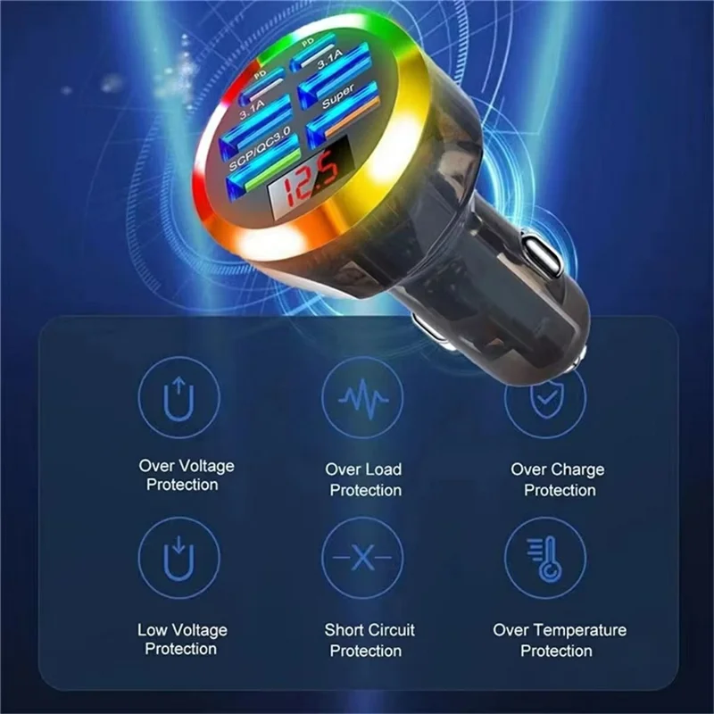 Chargeur de voiture portable à 6 ports de 150 W avec affichage de tension, adaptateur de charge rapide PD QC3.0