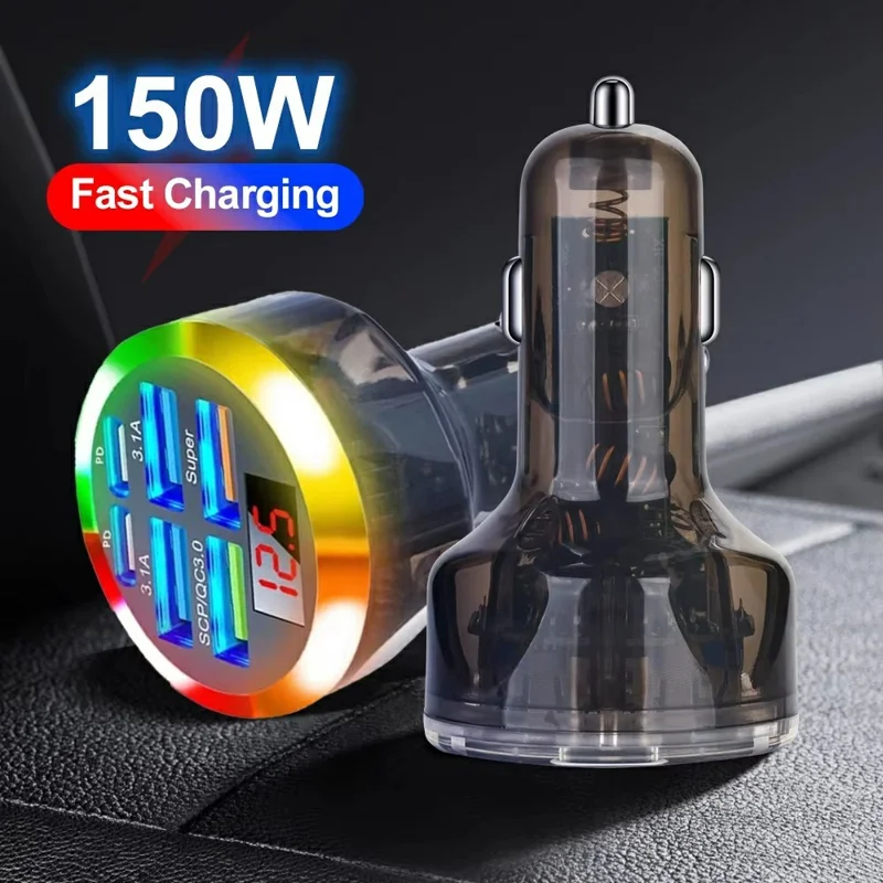Chargeur de voiture portable à 6 ports de 150 W avec affichage de tension, adaptateur de charge rapide PD QC3.0