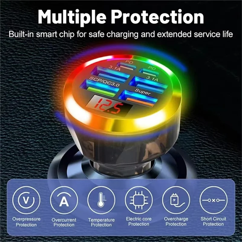 Chargeur de voiture portable à 6 ports de 150 W avec affichage de tension, adaptateur de charge rapide PD QC3.0