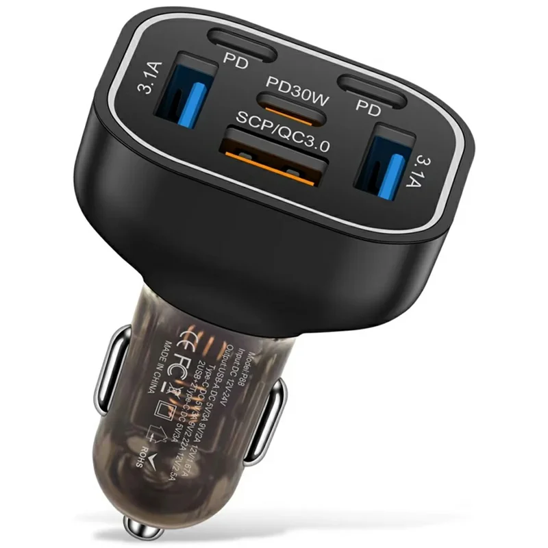 Caricabatterie da auto da 63W con 6 porte: 3 USB + 3 PD Caricatore rapido con luce LED colorata