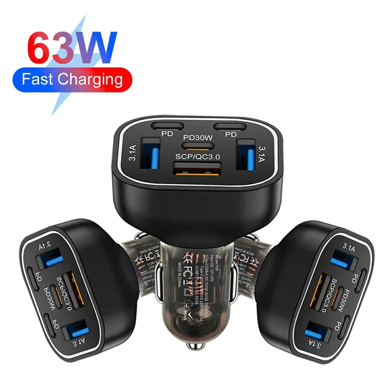 Caricabatterie da auto da 63W con 6 porte: 3 USB + 3 PD Caricatore rapido con luce LED colorata