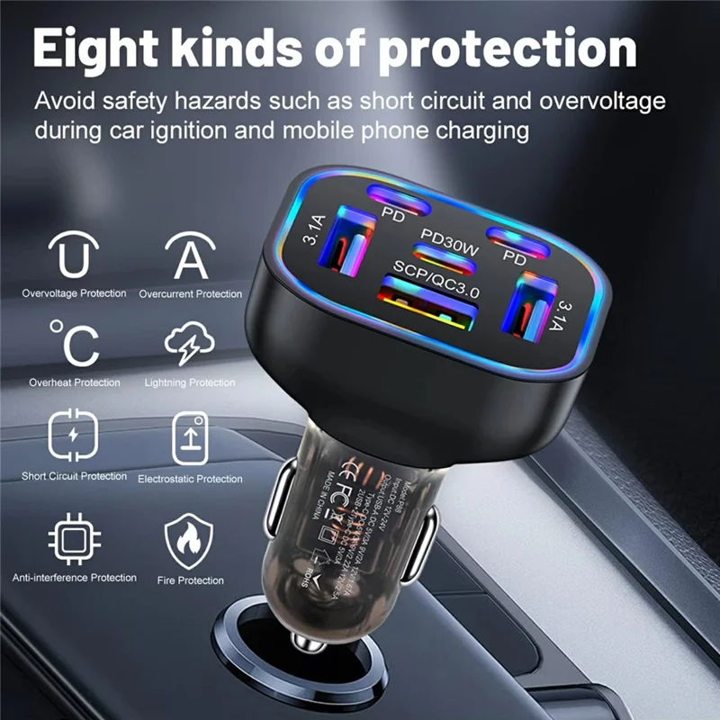 Caricabatterie da auto da 63W con 6 porte: 3 USB + 3 PD Caricatore rapido con luce LED colorata