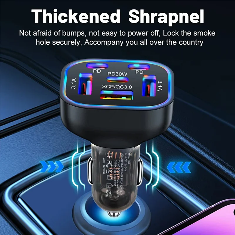 Caricabatterie da auto da 63W con 6 porte: 3 USB + 3 PD Caricatore rapido con luce LED colorata