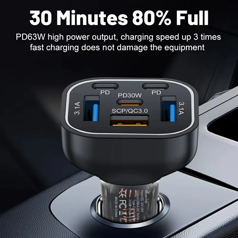 Caricabatterie da auto da 63W con 6 porte: 3 USB + 3 PD Caricatore rapido con luce LED colorata