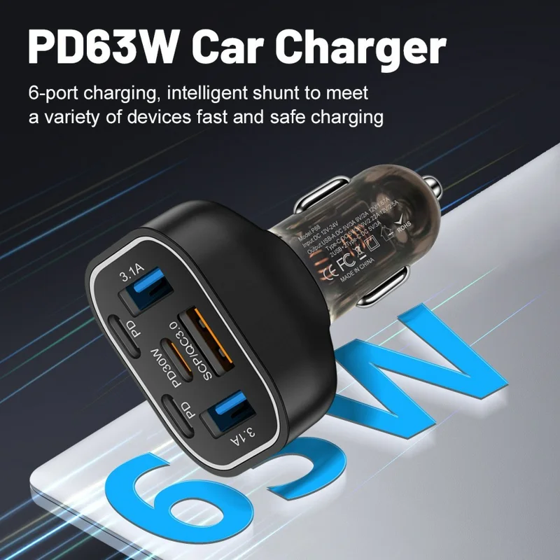 Caricabatterie da auto da 63W con 6 porte: 3 USB + 3 PD Caricatore rapido con luce LED colorata