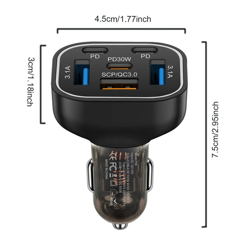Caricabatterie da auto da 63W con 6 porte: 3 USB + 3 PD Caricatore rapido con luce LED colorata