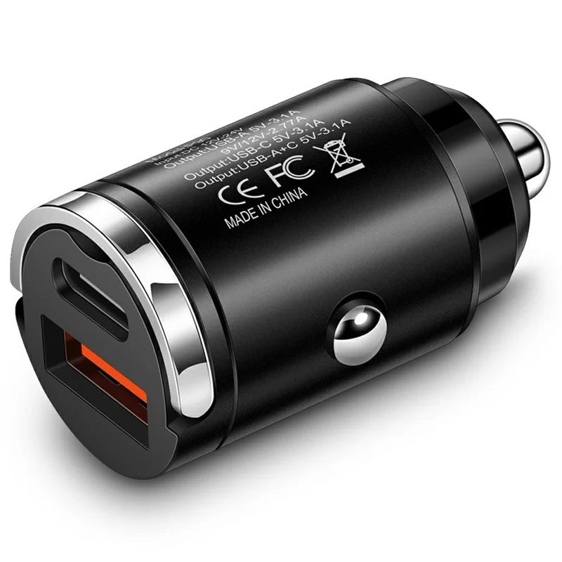 Cargador de coche rápido P90 de 3,1A 30W QC3.0 Tipo C + PD con doble puerto USB y anilla de extracción
