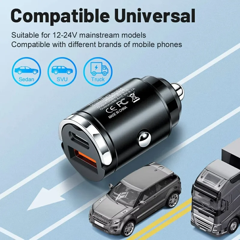 Cargador de coche rápido P90 de 3,1A 30W QC3.0 Tipo C + PD con doble puerto USB y anilla de extracción
