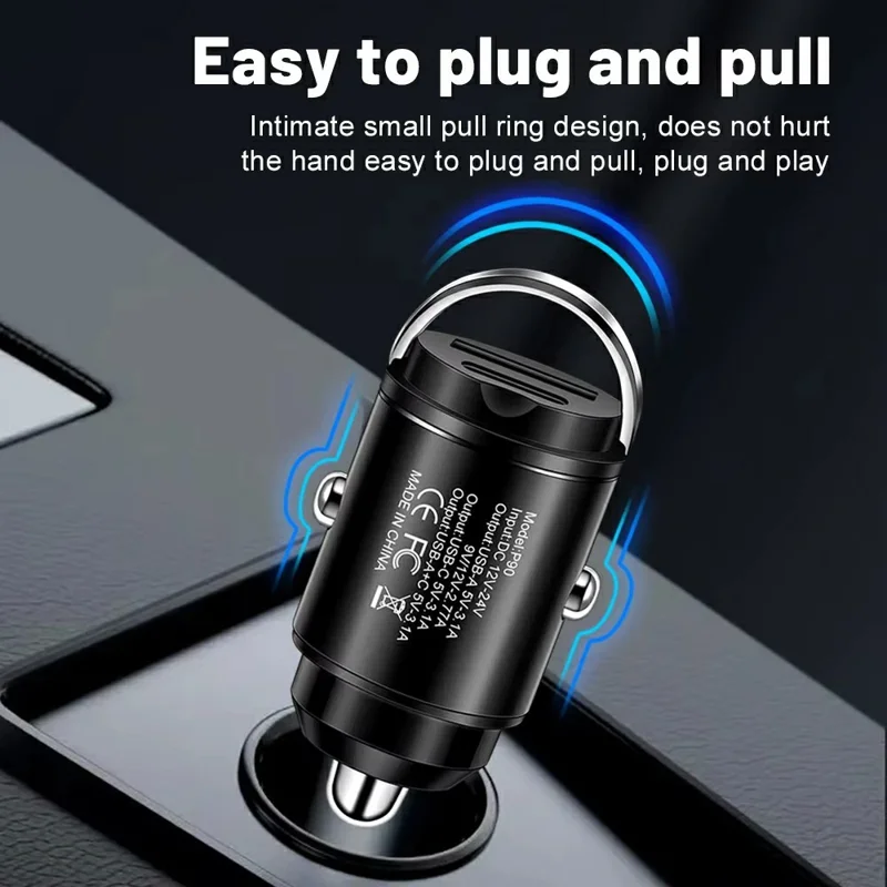 Cargador de coche rápido P90 de 3,1A 30W QC3.0 Tipo C + PD con doble puerto USB y anilla de extracción