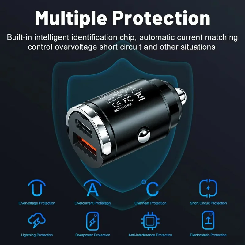 Cargador de coche rápido P90 de 3,1A 30W QC3.0 Tipo C + PD con doble puerto USB y anilla de extracción