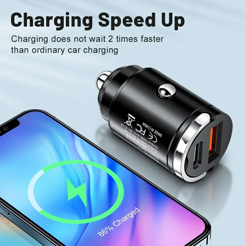 Cargador de coche rápido P90 de 3,1A 30W QC3.0 Tipo C + PD con doble puerto USB y anilla de extracción