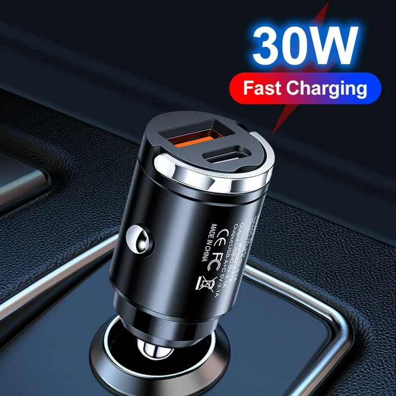 Cargador de coche rápido P90 de 3,1A 30W QC3.0 Tipo C + PD con doble puerto USB y anilla de extracción