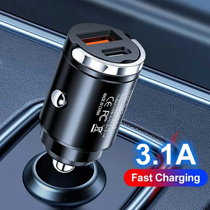 Cargador de coche rápido P90 de 3,1A 30W QC3.0 Tipo C + PD con doble puerto USB y anilla de extracción