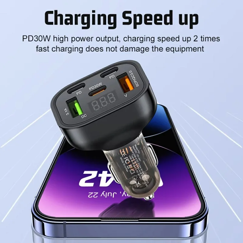 P91 3 Type C + 2 USB 5 in 1 150W Car Charger QC3.0 PD Fast Charging Adapter with Voltage Display