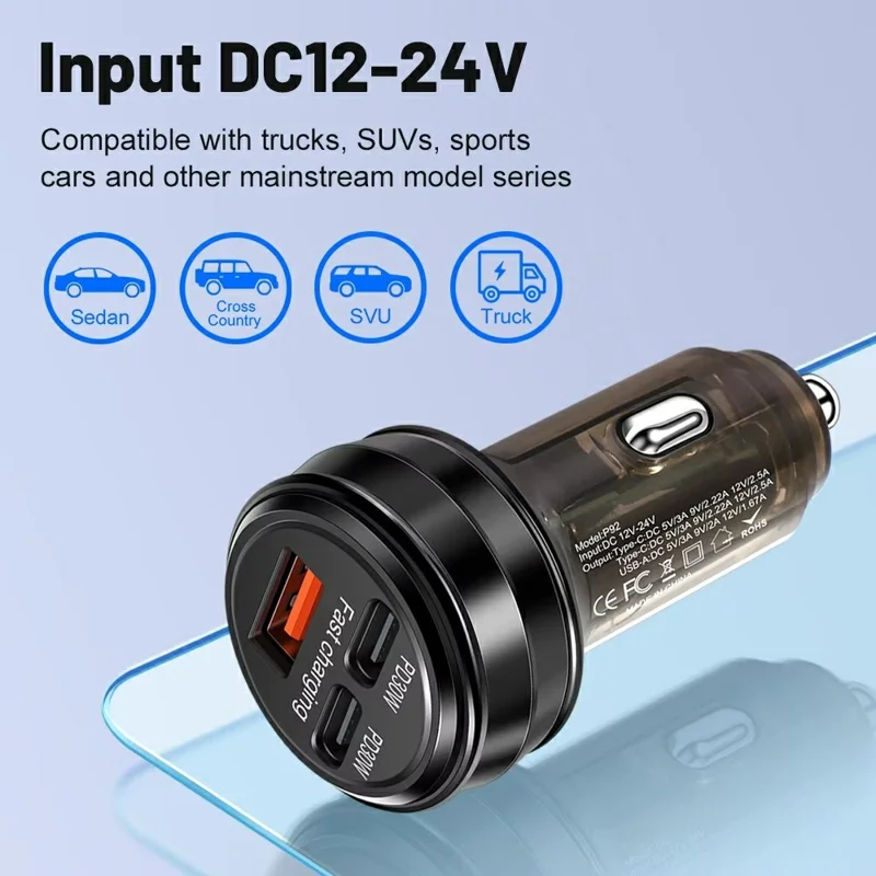 Chargeur de voiture 80W 3 ports USB + PD Type C Charge rapide Adaptateur allume-cigare portable - Noir