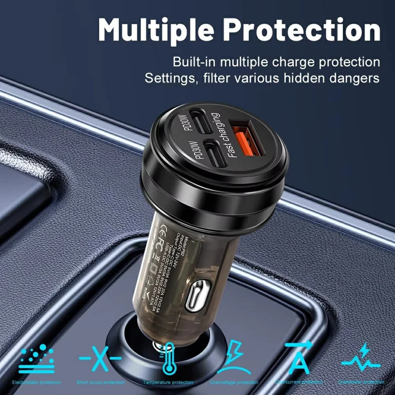 80W Car Charger 3 Ports USB + PD Type C Fast Charging Portable Cigarette Lighter Adapter - Silver