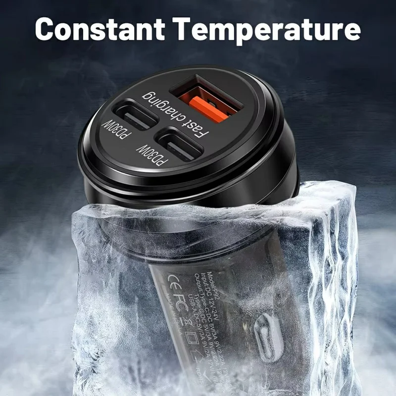 80W Car Charger 3 Ports USB + PD Type C Fast Charging Portable Cigarette Lighter Adapter - Silver