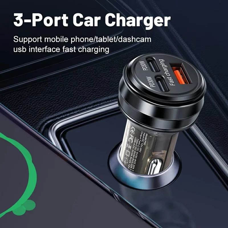 80W Car Charger 3 Ports USB + PD Type C Fast Charging Portable Cigarette Lighter Adapter - Silver