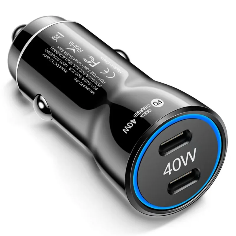 Портативное автомобильное зарядное устройство USB C с двумя портами, PD 40 Вт, быстрая зарядка, адаптер с синим светодиодным кольцом - Черный